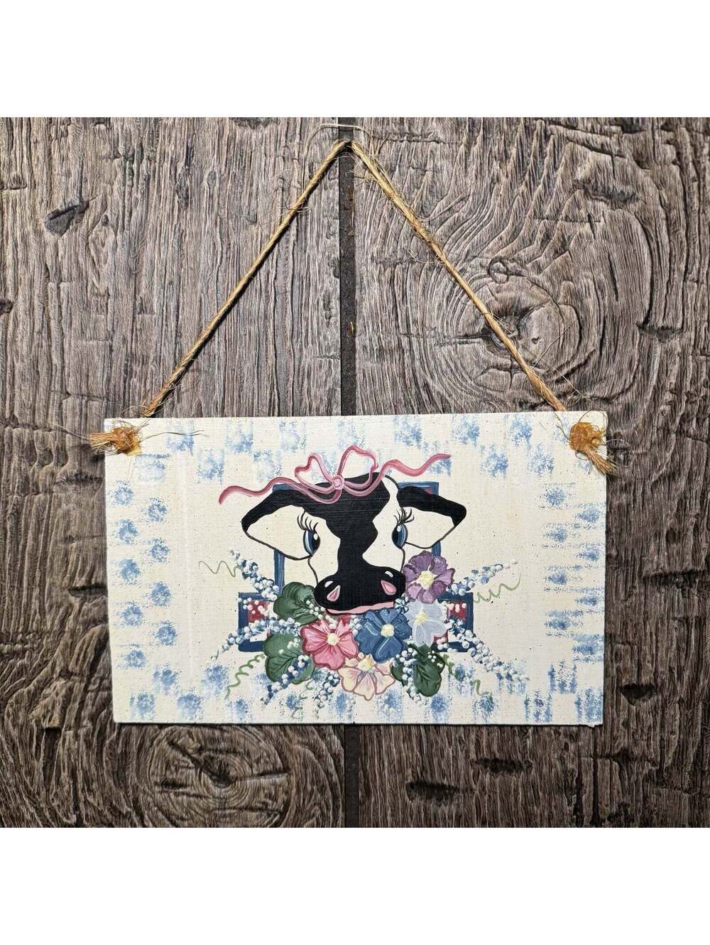 Vintage 1994 Hand Painted Cow Wood Wall Plaque Signed Farmhouse Folk Art 8.5”